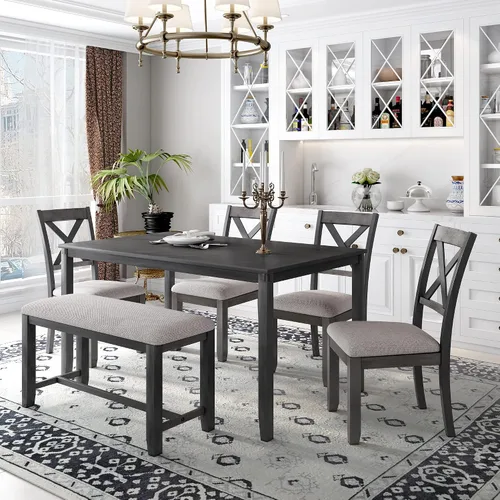 Miniatura 29 de Juego de mesa de comedor de madera de 6 piezas, juego de mesa de cocina con rectangular, juego de mesa de comedor con banco tapizado y 4 sillas