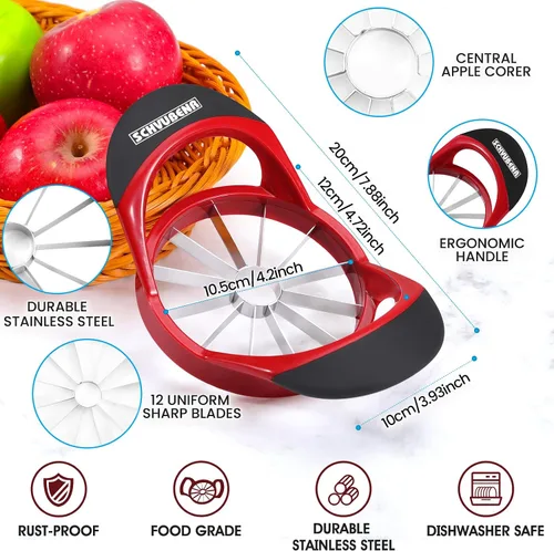 Miniatura 3 de SCHVUBENR Cortador de manzana grande de 4.72 pulgadas con 12 cuchillas, cortador profesional de manzana, descorazonador de manzana de acero Rojo