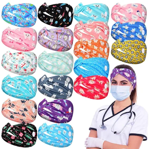 Jexine 20 Pcs Dental Headbands for Women Non Slip Nurse Headbands with Buttons Dental Assistant Accessories Elastic Hair Bands Sweatbands Head Wraps