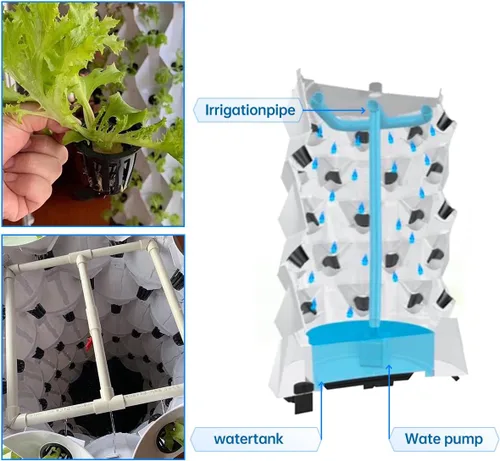 Miniatura 5 de Sistema de cultivo hidropónico de 40 macetas para acuaponía, torre de jardín, kit de cultivo aeropónico para interiores y exteriores, hierbas