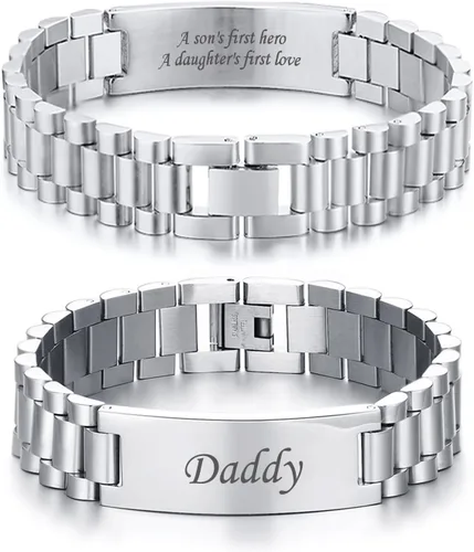 Miniatura 25 de VNOX Correa de reloj masculina de acero inoxidable, pulsera de eslabones personalizada, regalo de joyería para hombres, papá, padre, marido, novio