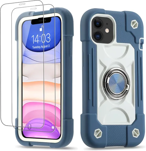 Miniatura 46 de Funda para iPhone 11 de 6.1 pulgadas con soporte de anillo, con 2 protectores de pantalla de vidrio, resistente a los golpes, resistente a
