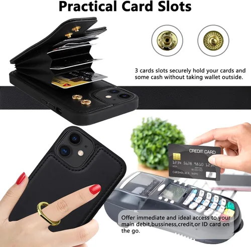 Miniatura 4 de Funda compatible con iPhone 11 con tarjetero y soporte para tarjetas, soporte de anillo de dedo de rotación de 360º, función atril, protección RFID