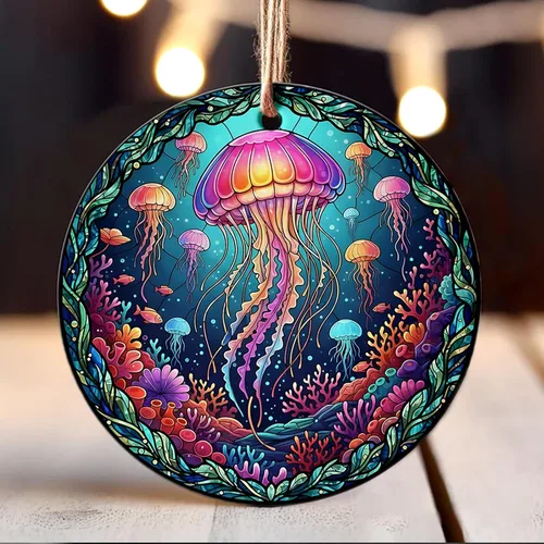 Miniatura 7 de Velyra Adorno de Navidad 2025 – Adorno de cerámica estilo vitral de medusas, decoración bajo el mar para árbol, regalo de arte de vida marina