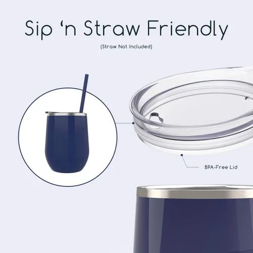 Miniatura 7 de Maars Bev - Vaso de vino de acero inoxidable sin tallo con tapa, aislado al vacío de 12 onzas, a prueba de derrames, apto para viajes, vasos midnight
