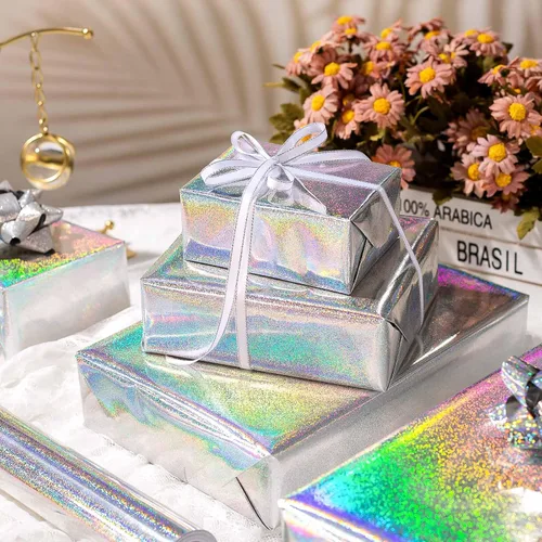 Miniatura 6 de Burymento Rollo de papel de regalo plateado, papel de regalo de punto holográfico metálico para cumpleaños, San Valentín, día de la madre