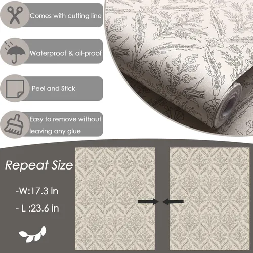 Miniatura 2 de YXTII Papel pintado vintage de pelar y pegar autoadhesivo extraíble, papel pintado neutro para cajones de dormitorio y gabinetes