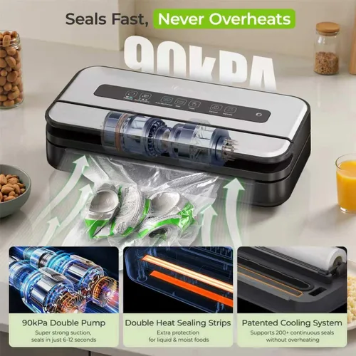 Miniatura 4 de Sellador al vacío, máquina selladora al vacío de alimentos de 90 Kpa con cortador integrado y almacenamiento de bolsas, conservación de alimentos