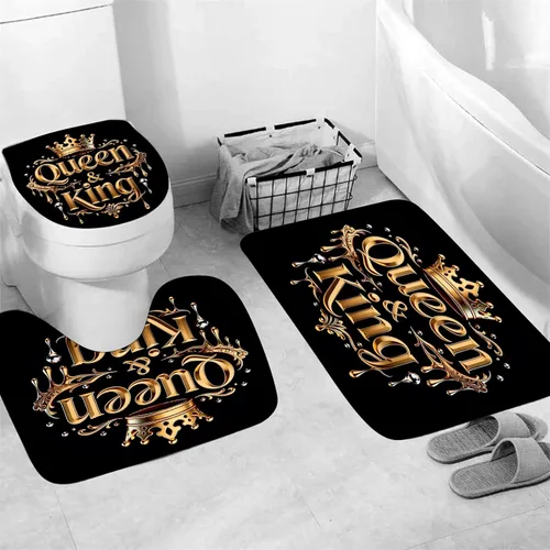 Miniatura 3 de AZHM Juego de cortina de ducha con estampado de corona dorada, accesorios de baño de lujo negros con cortina de ducha y alfombras