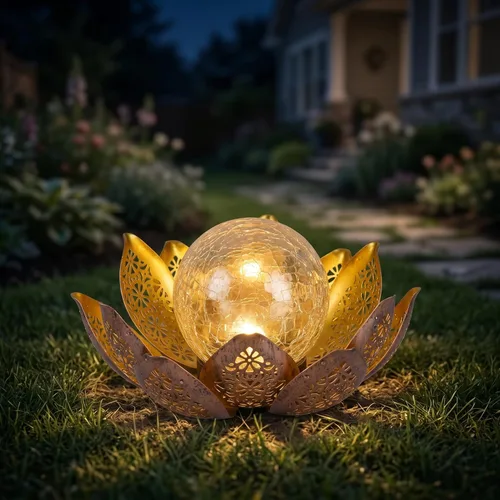 DUSVALLY Luz solar de jardín flor de loto con globo de cristal agrietado, lámpara decorativa de metal para exteriores, luz LED impermeable para