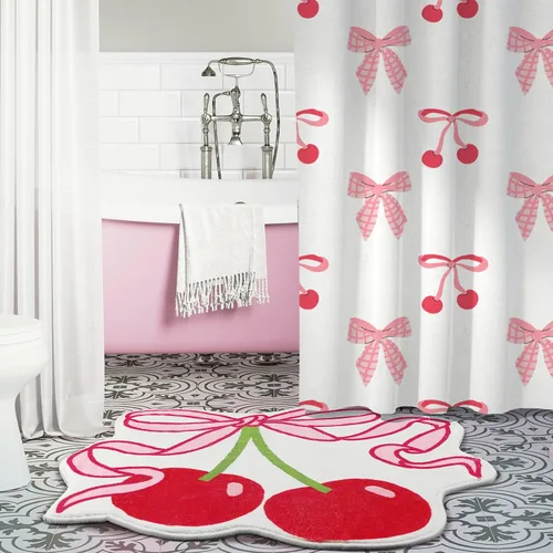Miniatura 6 de Duraaamo Alfombra de baño con lazo de cereza de 23.6 x 21.3 pulgadas, bonito lazo rosa, decoración de baño, suave, antideslizante, absorbente