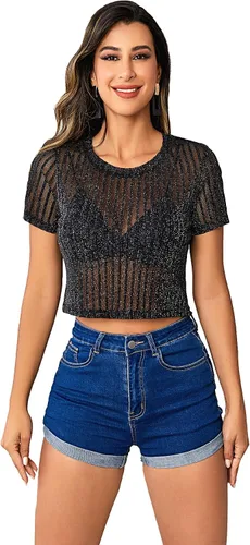 Miniatura 6 de Verdusa Camiseta corta de malla para mujer, manga corta, cuello redondo, transparente, camiseta