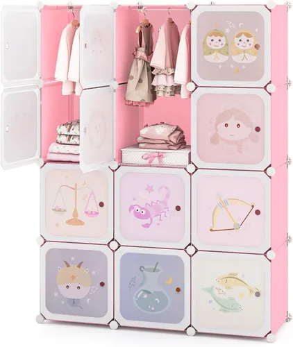 Miniatura 13 de Costzon Armario para Niños, Organizador de Almacenamiento Modular de Tocador de Dibujos Animados DIY con 12 Cubos y 2 Percheros para Colgar Ropa