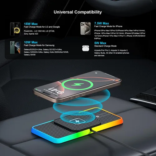 Miniatura 3 de Cargador inalámbrico para automóvil, cargador de teléfono inalámbrico POLMXS de 15 W, alfombrilla de carga inalámbrica para teléfono celular RGB
