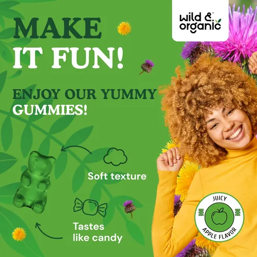 Miniatura 5 de Wild & Organic Gomitas de apoyo hepático, cardo mariano, extracto de raíz de diente de león para desintoxicación de limpieza del hígado, 60 gomitas