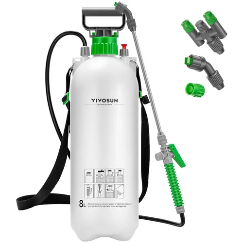 VIVOSUN Pulverizador de bomba de 2.1 galón/8L, rociador de agua de jardín para plantas, malezas y cuidado del césped, con 3 boquillas, manguera de
