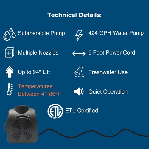 Miniatura 5 de Teamson Home Bomba de agua sumergible ajustable 1191 GPH de 100 W con un cable de alimentación de 6 pies y 4 boquillas diferentes para peceras