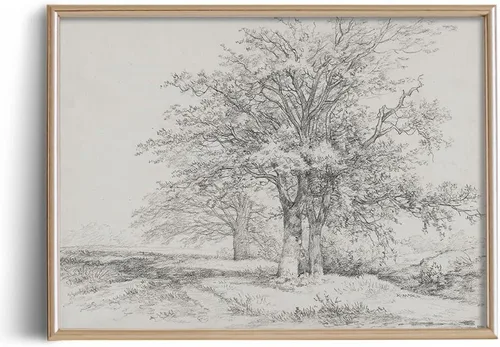 Miniatura 11 de Póster con estampado de árboles del bosque, color beige, dibujo de paisaje, grabado rústico, gris, arte de pared apagado, boceto gris neutro