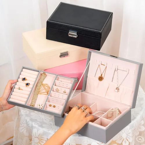 Miniatura 7 de Smileshe Joyero para mujeres y niñas, organizador de piel sintética con cerradura, 2 capas extraíbles de almacenamiento de viaje para anillos