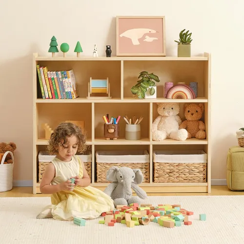 Miniatura 6 de OOOK Montessori - Estante para juguetes, 35.4 pulgadas de alto, organizador de almacenamiento de juguetes de 3 niveles con 8 cubos, armario