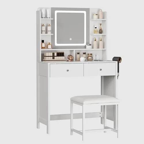 Miniatura 8 de Tocador blanco con espejo iluminado, 8 estantes, 2 cajones, estación de carga, soporte para secador de pelo y taburete, espejo LED con 3 modos de luz