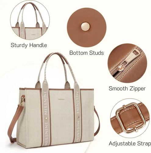 Miniatura 4 de Missnine Bolsa de lona para laptop de 15.6 pulgadas, bolsa de hombro para profesores, maletín para viajes, oficina, escuela, marrón, beige