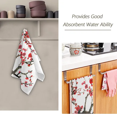 Miniatura 7 de Paquete de 2 toallas de mano con diseño de flor de cerezo rojo, toallas de baño absorbentes de microfibra asiática japonesa con tinta de acuarela
