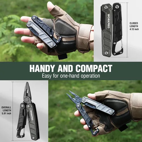 Miniatura 4 de WORKPRO Multiherramienta de 11 en 1 con alicates, clip de bolsillo y funda - Cuchillo multiuso EDC con cierre de seguridad - Cuchillo de bolsillo