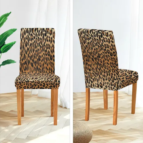 Miniatura 4 de Juego de 2 fundas elásticas para sillas de comedor con estampado de leopardo a la moda, fundas para sillas de cocina lavables, protector de asiento