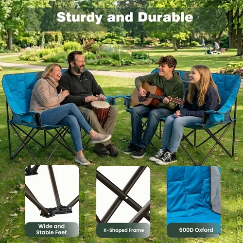 Miniatura 6 de SUNNYFEEL Silla Plegable Doble de Camping, Silla Loveseat Sobredimensionada, Silla de Césped Portátil/Plegable Resistente con Almacenamiento