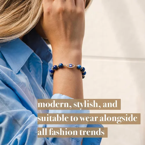 Miniatura 4 de VIBE MOOD ENERGY - Pulsera de protección Pulsera de cuentas de lapislázuli con dije contra el mal de ojo Pulsera de triple protección para aliviar