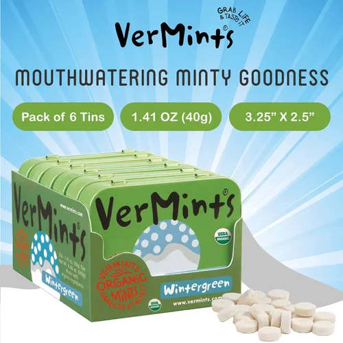 Miniatura 7 de VerMints Organic Breath Mints sabor a gaulta, todo natural, sin OMG, sin nueces, sin gluten, vegano, KSA Kosher, paquete de 6, latas de 1.41 onzas
