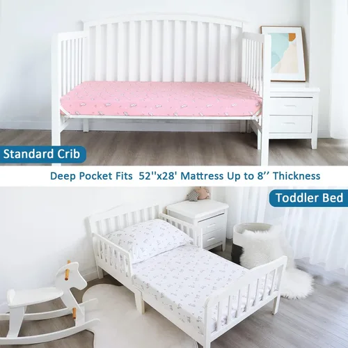 Miniatura 5 de Juego de 4 sábanas para cuna para niña, sábanas bajeras de 52 x 28 pulgadas para colchón estándar y de niños pequeños, material suave y rosado +