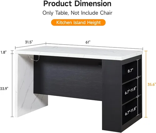 Miniatura 9 de ONBRILL Mesa completa de mesa de isla de cocina de 61 x 31 pulgadas con espacio de almacenamiento, toma de corriente y luces LED, mesa de comedor