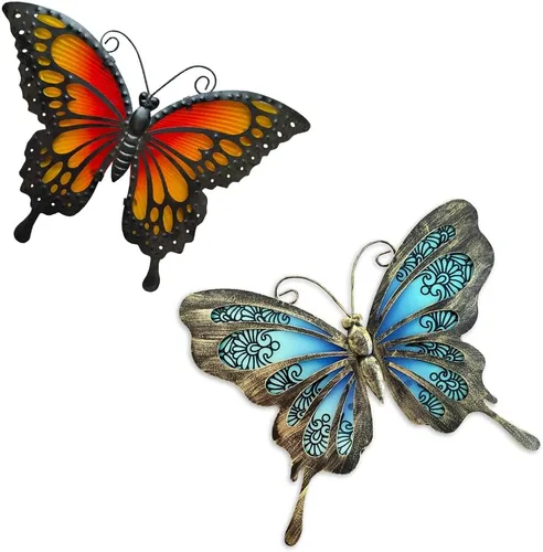 Miniatura 12 de LIFFY Decoración de pared de mariposa de metal, esculturas artísticas de pared de vidrio para exteriores, 12 pulgadas, decoración de jardín colgante