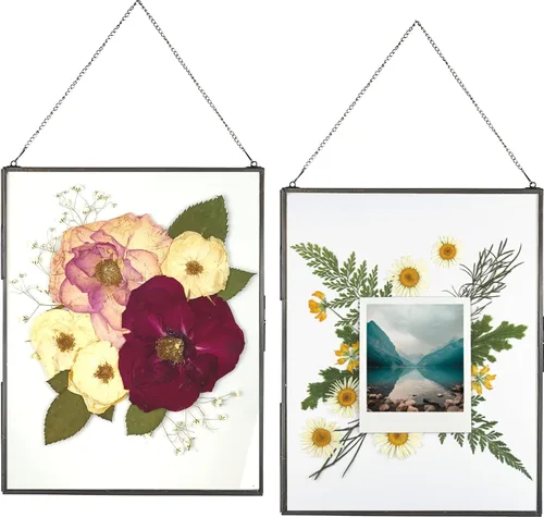 Miniatura 11 de Beedecor Juego de 2 marcos colgantes de vidrio doble para flores prensadas, hojas y obras de arte, marco flotante de metal grande con cadena, marcos