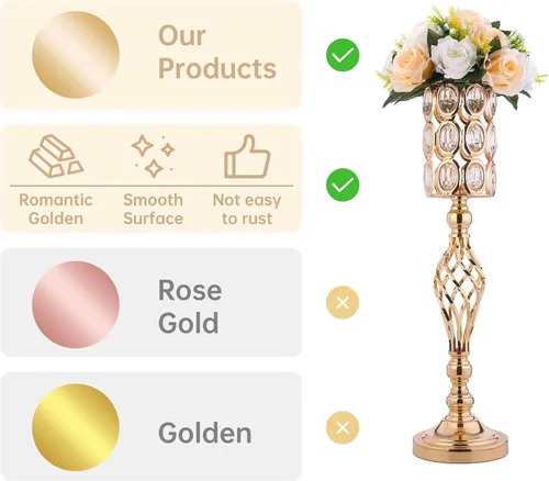 Miniatura 7 de Jarrones de cristal para centros de mesa de boda, juego de 2 jarrones dorados de metal, versátiles soportes para flores de 24 pulgadas de alto