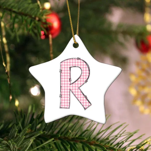 Adorno de cerámica con monograma de letras del alfabeto de búfalo rosa con forma de estrella, recuerdo colgante para boda, invierno, Año Nuevo,