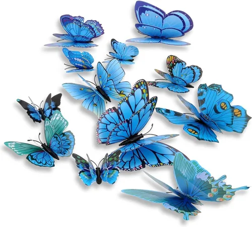 Miniatura 2 de Paquete mixto de 12 pegatinas de mariposas 3D en rosa para pared, decoración artística (2 azules)