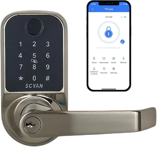SCYAN Scyan X1 - Cerradura de puerta inteligente, cerradura biométrica de huella dactilar 5 en 1, cerradura de puerta con teclado con pantalla
