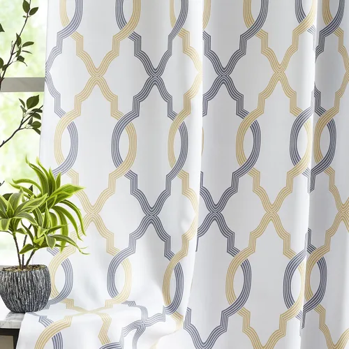 Miniatura 2 de FMFUNCTEX Cortinas 100% opacas de 84 pulgadas de largo para dormitorio, cortinas con patrón geométrico amarillo gris sobre blanco, cortinas