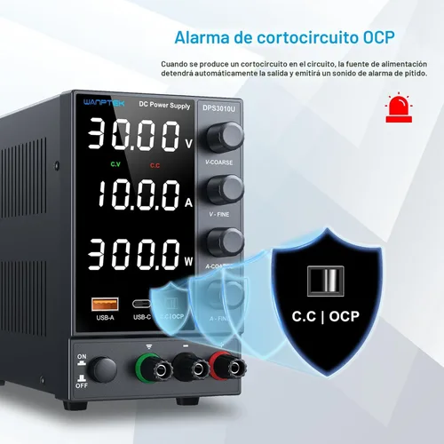 Miniatura 3 de Fuente de alimentación CC variable 0-30V 0-10A, fuentes de alimentación de banco reguladas de conmutación ajustable con codificador grueso y perilla