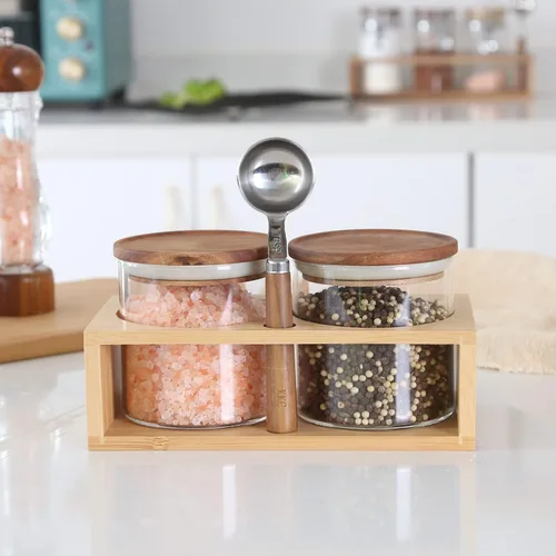 Miniatura 3 de KKC HOME ACCENTS Frascos herméticos de vidrio de borosilicato para almacenamiento de alimentos con tapas de madera y cuchara para café, té, azúcar