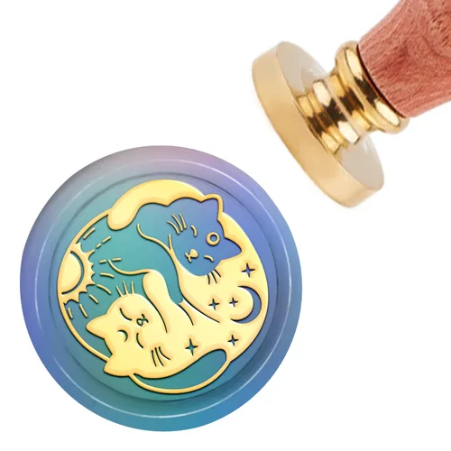 CRASPIRE Sello de cera para gatos, sello de cera de luna, sello de estrella y sol, 1.181 in, sello de madera retro vintage, cabeza de latón
