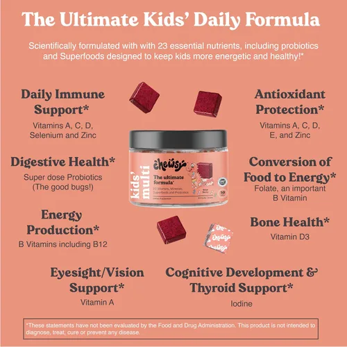 Miniatura 3 de Chewsy Multivitamínico para niños, deliciosos masticables diarios de vitaminas estilo caramelo + probióticos + superalimentos, suplemento masticable