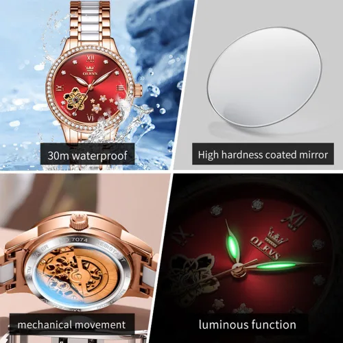 Miniatura 4 de OLEVS Relojes para mujer, reloj automático de lujo, correa de cerámica, oro rosa, reloj de pulsera para mujer