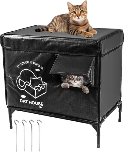 Miniatura 7 de Casa para gatos al aire libre, refugio elevado indestructible para gatos resistente a la intemperie con puerta de escape, exterior impermeable