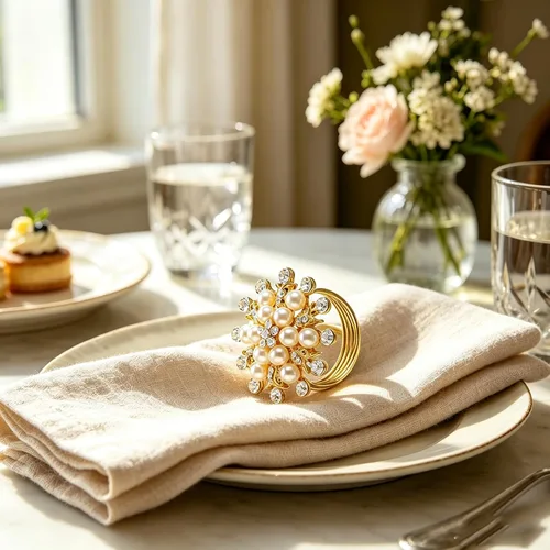Miniatura 5 de Juego de 6 servilleteros de flores doradas, con diamantes de imitación dorados, para bodas, cenas, fiestas, decoración navideña de vacaciones, 6