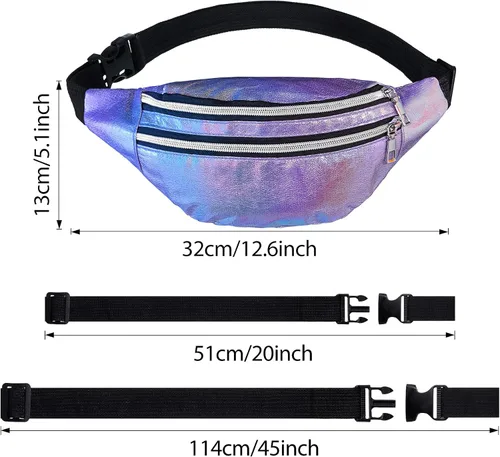 Miniatura 2 de Riñonera holográfica de 3 piezas para mujeres, hombres y niños, cintura deportiva de color metálico con bolsas y cinturón ajustable, paquete
