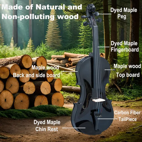 Miniatura 2 de CRAFTEEM 1/2 Conjunto de violín negro premium hecho a mano para principiantes, adultos y niños con cinta adhesiva para dedos de 5 colores - Violín